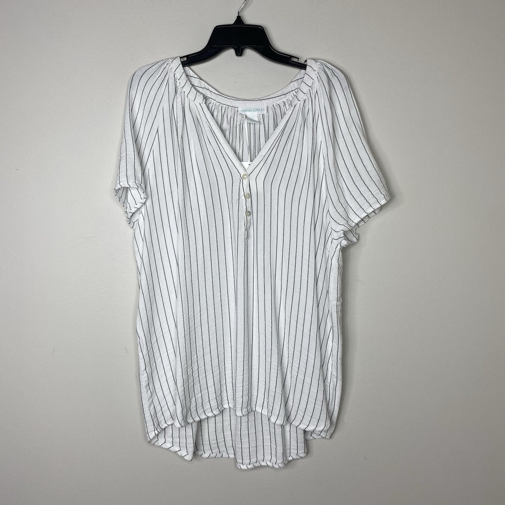 Cynthia Rowley Women's 1X White Black Stripe Gauze Blouse V Neck Button Top Boho